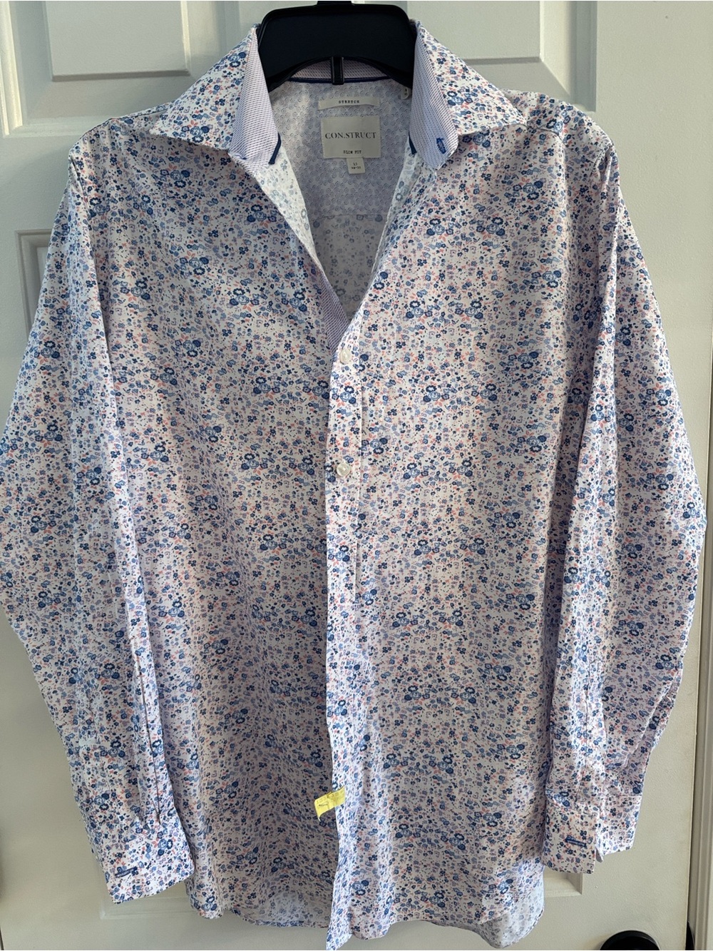 Men's White Dress Shirt with Blue Floral Print
